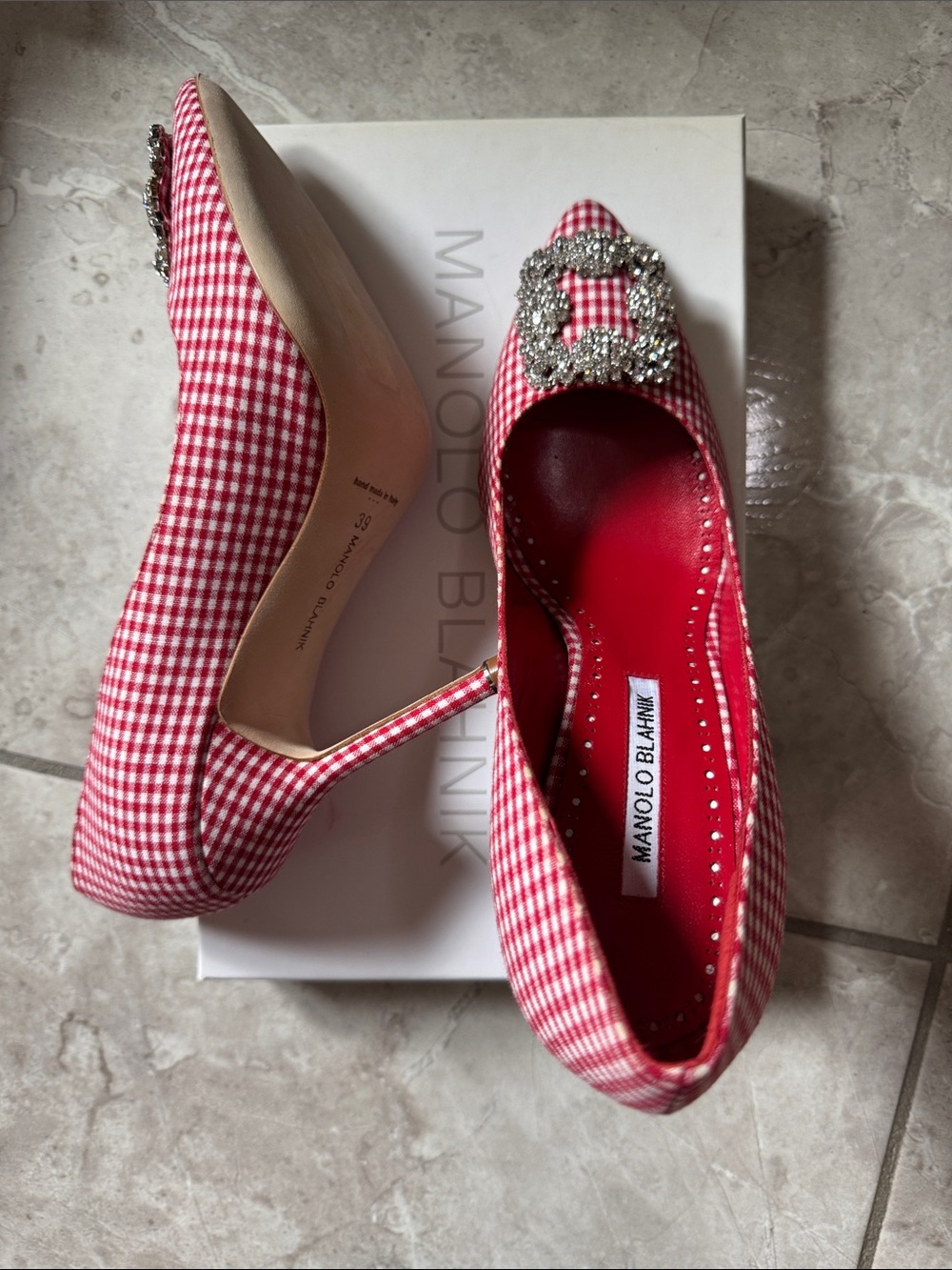 Manolo Blahnik Red Gingham Crystal-Buckle Pointed Toe Pumps - Picture 2 of 6